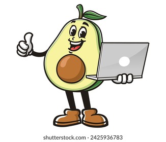 Avocado with laptop cartoon mascot illustration character vector clip art hand drawn