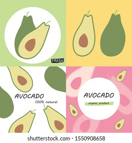Avocado layout vector illustration collection. Healthy food tropical illustration. Flatlay design. Natural organic food vector. Vegetarian food. Avocado concept for ecological product and advertising.