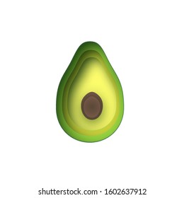 Avocado with avocado leaf in paper cut style on a white background.