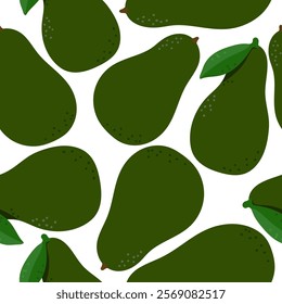 Avocado with leaf vector cartoon seamless pattern on a white background.