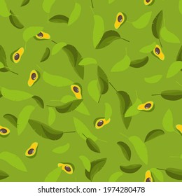 Avocado with leaves, seamless pattern. Tropical, exotic fruits. A green, yellow, ripe, half, vegan plant for breakfast, diet, nutrition. Endless repeating avocado background. Vector illustration.