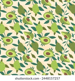 Aguacate con hojas sin patrón. Fruta fresca tropical de fondo sin fin. Elementos botánicos repiten cubierta. Adorno de bucle de comida vegana saludable. Vector plano dibujado a mano ilustración.