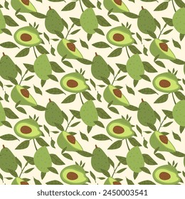 Aguacate con hojas sin patrón. Fruta fresca tropical de fondo sin fin. Elementos botánicos repiten cubierta. Adorno de bucle de comida vegana saludable. Vector plano dibujado a mano ilustración.