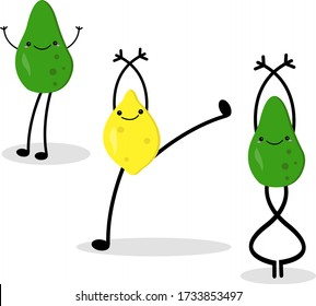 Avocado and lemon cartoon fruit characters dancing on a white background concept of active lifestyle and vitamins