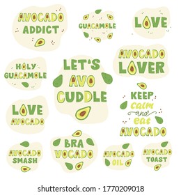 Avocado lettering set with funny phrases. Vector illustration.