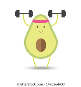 Avocado lifting dumbbell . Cartoon character for exercise. Vector illustration.