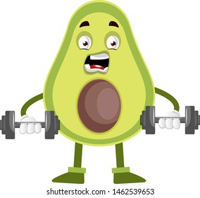 Avocado lifting weights, illustration, vector on white background.