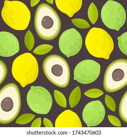 Avocado, lime and lemons. Seamless vector pattern with citrus and avocados.