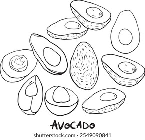 Avocado line art vector set - Avocado illustrations in hand drawn doodle style- Black line art drawing on white- Whole Avocado , sliced and slices Avocado  with leaves 
