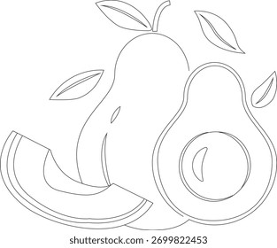 Conjunto de vetores abacate line art. Abacate inteiro, metades de abacate e folhas. Elementos botânicos desenhados à mão isolados sobre um fundo branco. Ilustrações abacate em estilo doodle