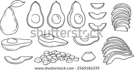 Avocado line art vector set. Whole avocado, halves of avocado and leaves. Hand drawn botanical elements isolated on a white background.  Avocado illustrations in doodle style