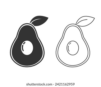 Avocado Linie Symbol in der Mitte mit einem Blatt geschnitten. Für Lebensmitteletiketten, Diätkost- und Verpackungsetiketten mit Avocado-Vektorgrafik-Zeichen