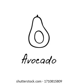 Logo de aguacate. Icono de frutas vegetales dibujadas a mano para impresión y web. Vocado de inscripción escrita a mano. Ilustración del vector
