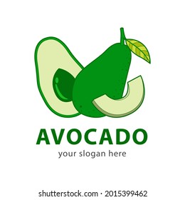 Avocado logo isolated on white background. Slice and whole fruit, seed, leaf. Vegan food vector.