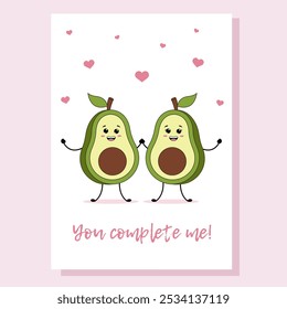 Avocado love couple in kawaii style. Greeting card, postcard, cover, poster, invitation. Valentines day.