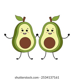 Avocado love couple in kawaii style. Greeting card, postcard, cover, poster, invitation. Valentines day.