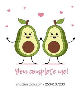 Avocado love couple in kawaii style. Greeting card, postcard, cover, poster, invitation. Valentines day.