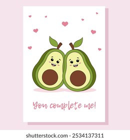 Avocado love couple in kawaii style. Greeting card, postcard, cover, poster, invitation. Valentines day.