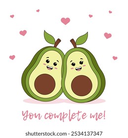 Avocado love couple in kawaii style. Greeting card, postcard, cover, poster, invitation. Valentines day.