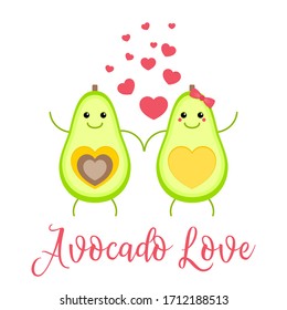 Avocado love. Cute cartoon avocado character in love. Vector isolated illustration on white background for any design. Element of education and health  illustration. Vegetarian food. 