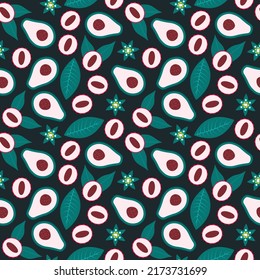 Avocado and lychee seamless pattern. Organic tropical fruits, leaves and flowers isolated on dark background. Cute hand drawn fabric print. Healthy natural food. Flat vector illustration