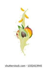 Avocado and mango slices falling in the splashing milk juice. Vector.