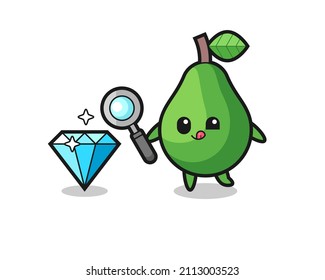 avocado mascot is checking the authenticity of a diamond , cute style design for t shirt, sticker, logo element