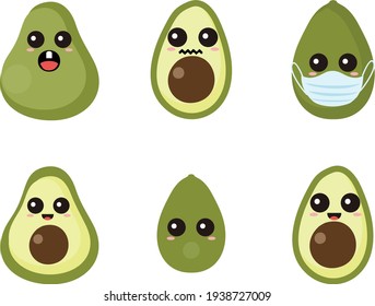 avocado mascot flat design with various facial expressions dominated by green