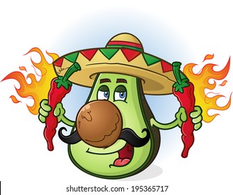 Avocado Mexican Cartoon Character Wearing Sombrero Holding Peppers