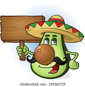 Avocado Mexican Cartoon Character Wearing Sombrero Holding Sign