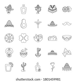 avocado and mexican culture icon set over white background, line style, vector illustration