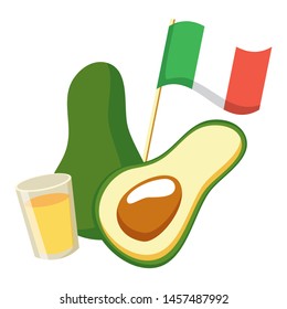 avocado with mexican flag and tequila cup vector illustration design