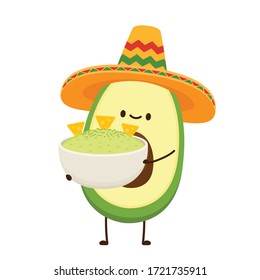 Avocado in Mexican hat. Nacho dip in bowl. Nacho vector. Avocado dip. Avocado character design.