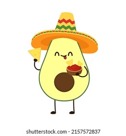 Aguacate con sombrero mexicano. Nacho sumergirse en el tazón. Vector de Nacho. Destitución de aguacate. Diseño de personajes de aguacate.