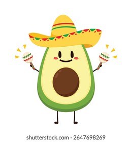 Abacate com chapéu mexicano. Nacho mergulha na tigela. Vetor nacho. Abacate. Design de caracteres abacate.