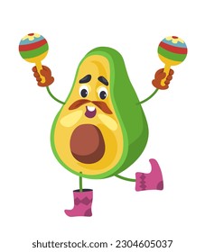 Avocado Mexican ingredient, isolated vegetable character with moustaches and maracas instrument in hands. Dancing and singing personage with smile on face, mexico dishes. Vector in flat style