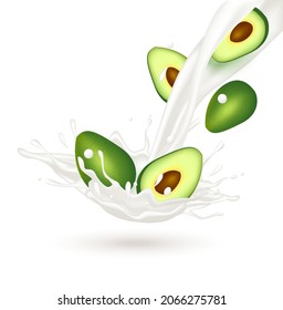Avocado milk with blueberry and milk yogurt splashing isolated on white background. Exercises and eat healthy food. Health concept. Realistic 3d vector illustration.