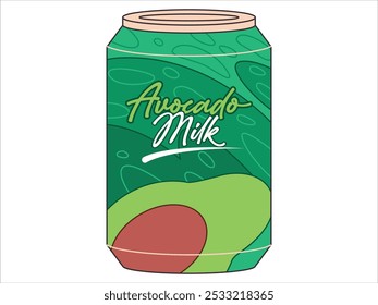 Avocado milk drink can sweet fruity flavor dairy product green color packaging milky healthy aluminum container design flat illustration