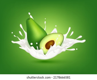 Yogur de leche aguacate salpicando aislado sobre fondo verde. Concepto de salud. Ilustración vectorial 3d realista. Se puede usar para el diseño de productos publicitarios bebidas y productos alimenticios.