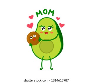 Avocado mom and bone baby on a white background. Cartoon. Vector illustration.