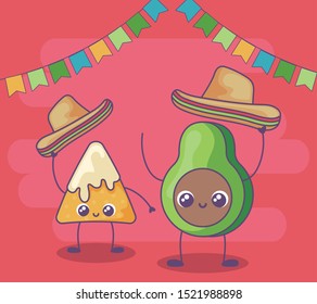 avocado and nacho with mexican hat kawaii vector illustration design