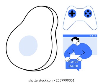 Avocado next to a game controller and a person holding a cashback sign online. Ideal for healthy eating, gaming, online shopping, financial savings, modern lifestyle. Simple vector style