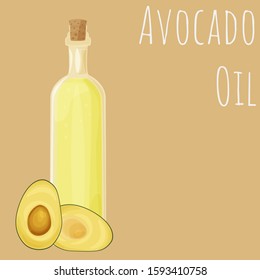 Avocado oil bottle vector illustration, isolated on colored background, cartoon style oil type clip-art.