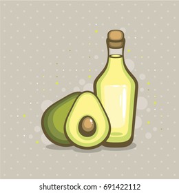 Avocado oil bottle vector illustration. Design for avocado oil, natural cosmetics and health care products.
