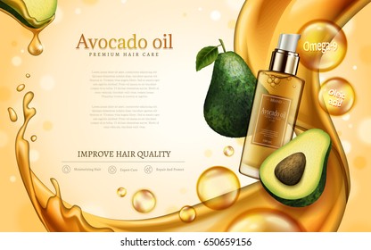 avocado oil contained in cosmetic bottle, with avocado and golden oil elements, 3d illustration