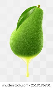 Avocado oil dripping from avocado fruit isolated on transparent background. Green avocado for healthy eating. Realistic 3d vector illustration.