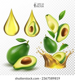 Avocado oil with falling pieces, whole fruit and leaves isolated on white background. Transparent oil splash and drops. Realistic food vector illustration set