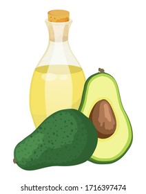 Avocado oil and fruit, isolated jar with oily essence for hair growth and skincare. Liquid full of vitamins and nutrients for skin or body. Fresh organic product for health and beauty, vector in flat
