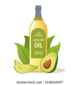 Avocado oil in glass bottle. Flat illustration vector isolated on white background.Organic healthy product vegetarians.Cosmetic product.
