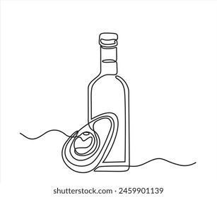 Avocado oil in the glass bottle and Avocado . Vector one continuous line drawing background.